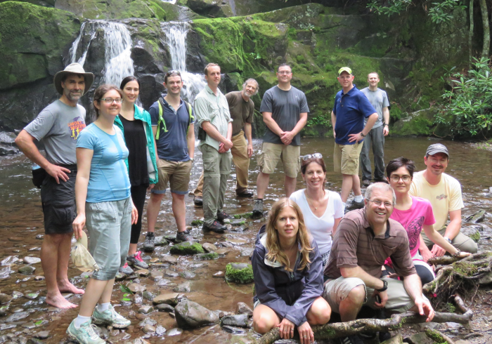 The NIMBioS Working Group on Habitat for Migratory Species enjoys a visit to the mountains during its last meeting at NIMBioS in May. (From left) Chris Welsh, Julia Earl, Christine Sample, Sam Nicol, xx , Gary McCracken, Wayne Thogmartin, Richard Erickson, xx. Seated, from left, Ruscena Wiederholt, Paula Federico, xx, Laura Lopez-Hoffman, Darius Semmens.